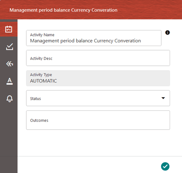 This illustration shows the Translate Management Ledger Period Balances process with Service Task details. A Service task consists of the details related to its Activity, Implementation, Transitions, Actions, and Notifications represented by the icons.