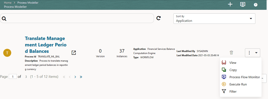 This illustration shows the selection of the Execute Run in the Translate Management Ledger Period Balances process.