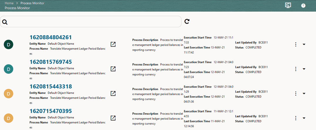 This illustration shows selecting the Process ID in the Process Monitor page for the Translate Management Ledger Period Balances process.