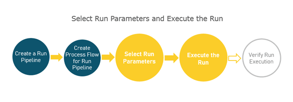 This illustration shows the stages of selecting the Run parameters and executing the Run. These stages are explained in detail in the steps that follow this illustration. 