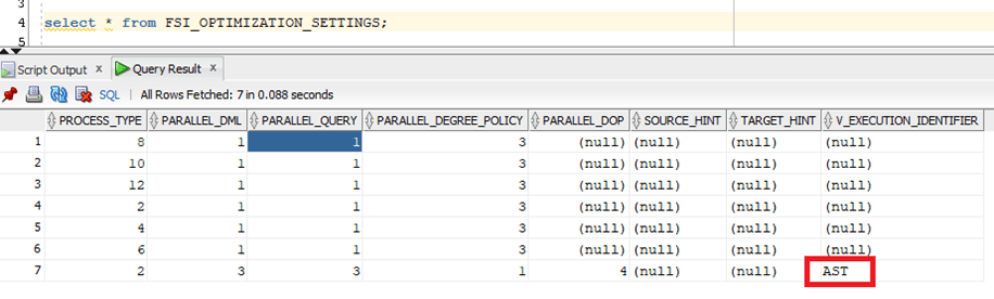 This illustration shows the V_EXECUTION_IDENTIFIER column value in the FSI_OPTIMIZATION_SETTINGS table.