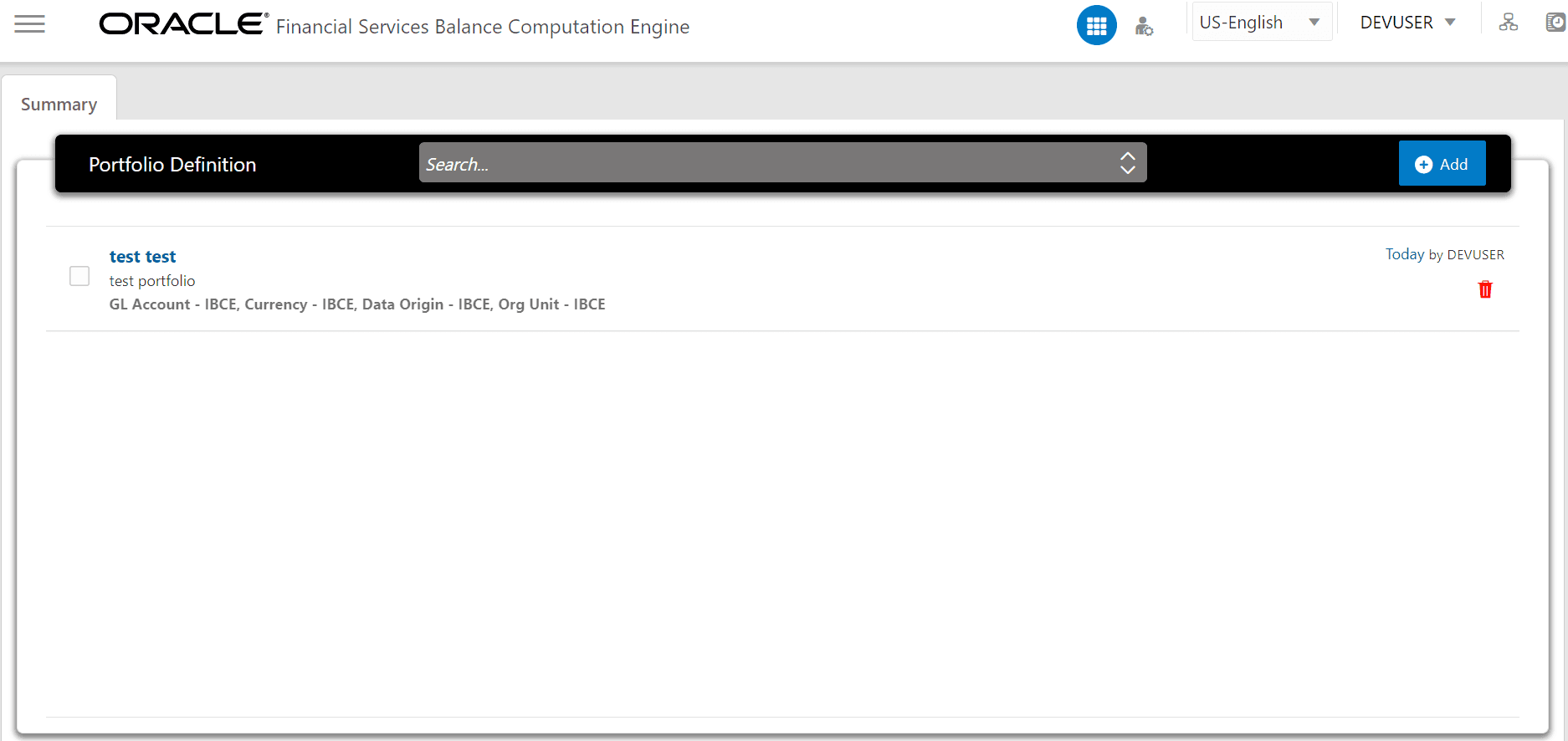 This illustration shows the Portfolio Definition page. This page displays the list of existing Portfolios, an option to delete any existing Portfolio, a Search field, and an option to create a Portfolio.