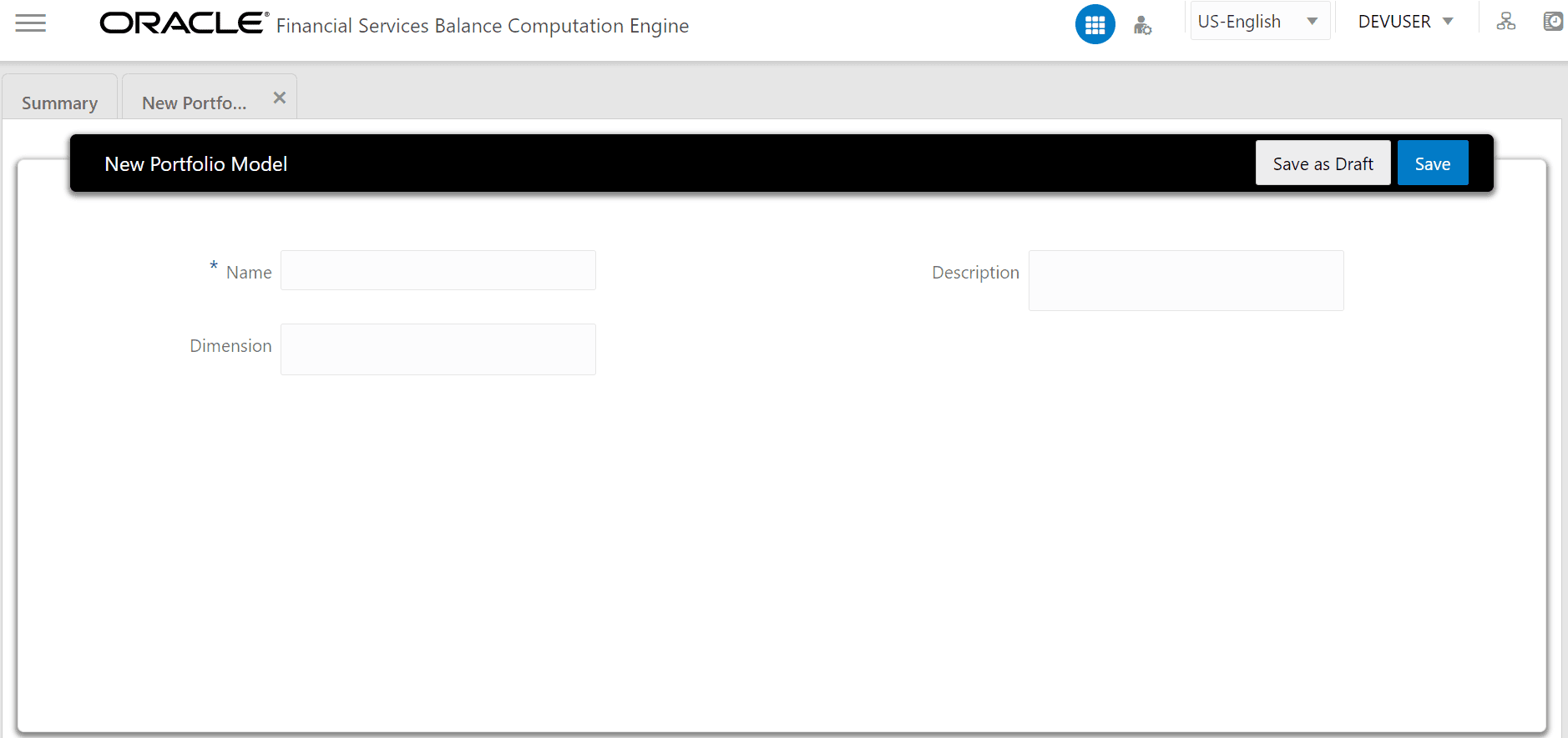 This illustration shows the New Portfolio Model tab. This tab consists of the Name,
