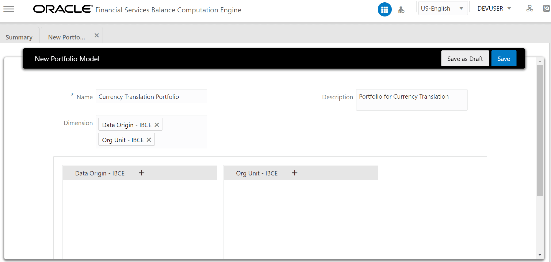 This illustration shows entering values in the New Portfolio Model tab for creating a Portfolio. For the entities selected in the Dimension field in the previous step, corresponding list boxes appear.