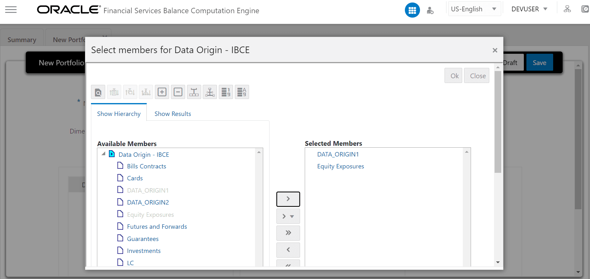 This illustration shows the Select members page for the Legal Entity Code in IBCE. In the Available Values list, select the hierarchy members required for the Portfolio during the Process Modelling Framework processing and move them to the Selected Values list. Click OK. Repeat the same steps to select the hierarchy members for the Data Origin.