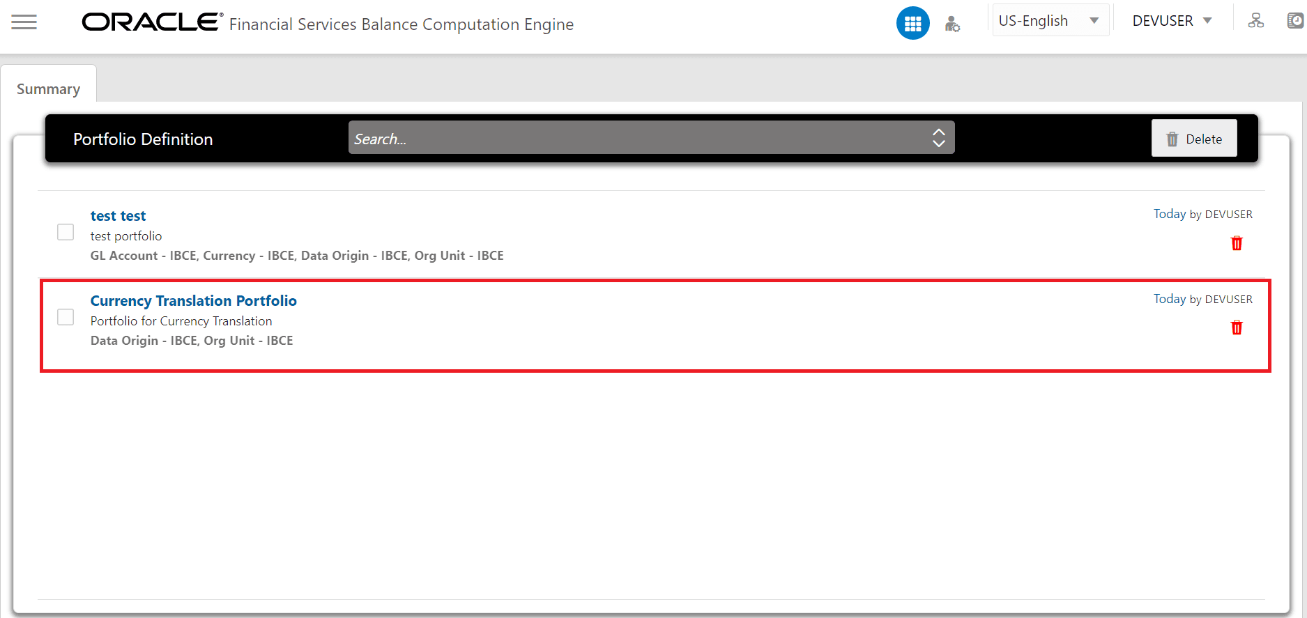 This illustration shows the new Portfolio listed in the Portfolio Definition Summary tab.