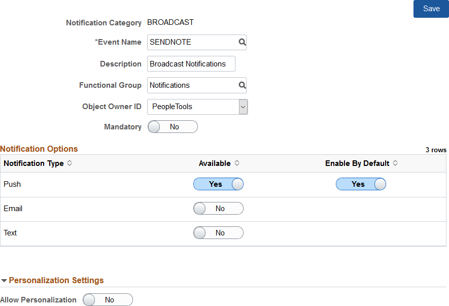 Notification Configuration page