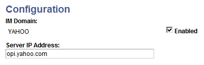 Configuration page displaying the IM Domain for Yahoo