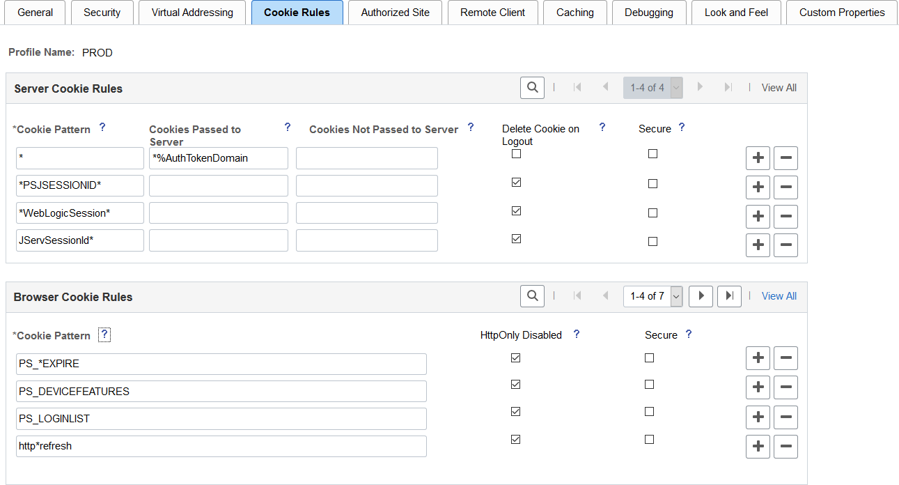 Web Profile Configuration - Cookie Rules page
