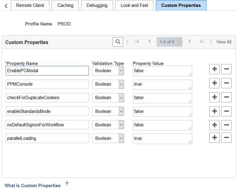Web Profile Configuration - Custom Properties page