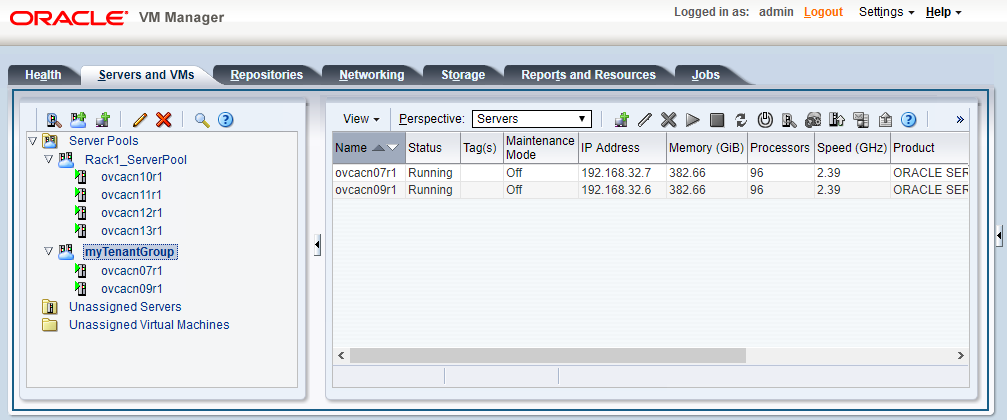 Screenshot showing the Servers and VMs tab of the Oracle Private Cloud Appliance Dashboard. The newly created tenant group appears in the Server Pools list and contains the two servers that were added as part of the procedure.