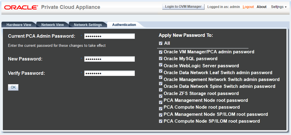 Screenshot showing the Authentication tab of the Oracle Private Cloud Appliance Dashboard.