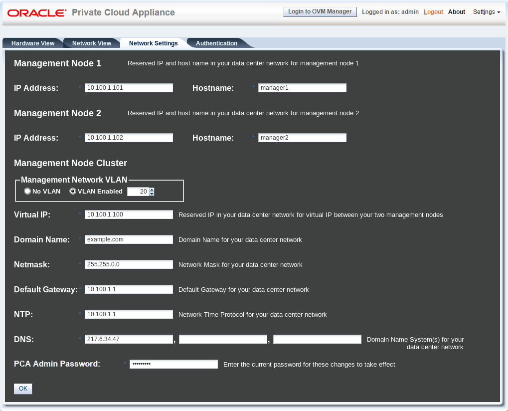 Screenshot showing the Network Setup tab of the Oracle Private Cloud Appliance Dashboard.