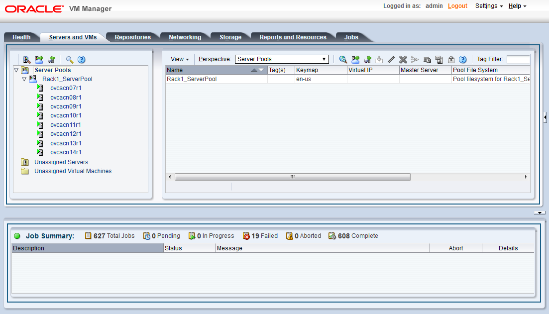 Screenshot showing the Servers and VMs tab of the Oracle VM Manager user interface.