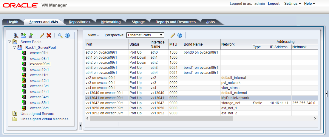 Screenshot showing the Servers and VMs tab of the Oracle Private Cloud Appliance Dashboard. Details are shown of the network configuration on one of the compute nodes that was added to the new custom network.