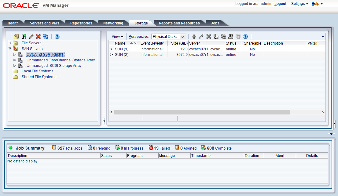 Screenshot showing the Storage tab of the Oracle VM Manager user interface.