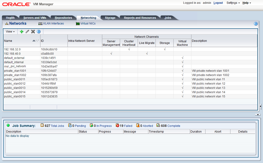 Ethernetベース・システム上のOracle VM Managerユーザー・インタフェースのネットワーク・タブを示すスクリーンショット。