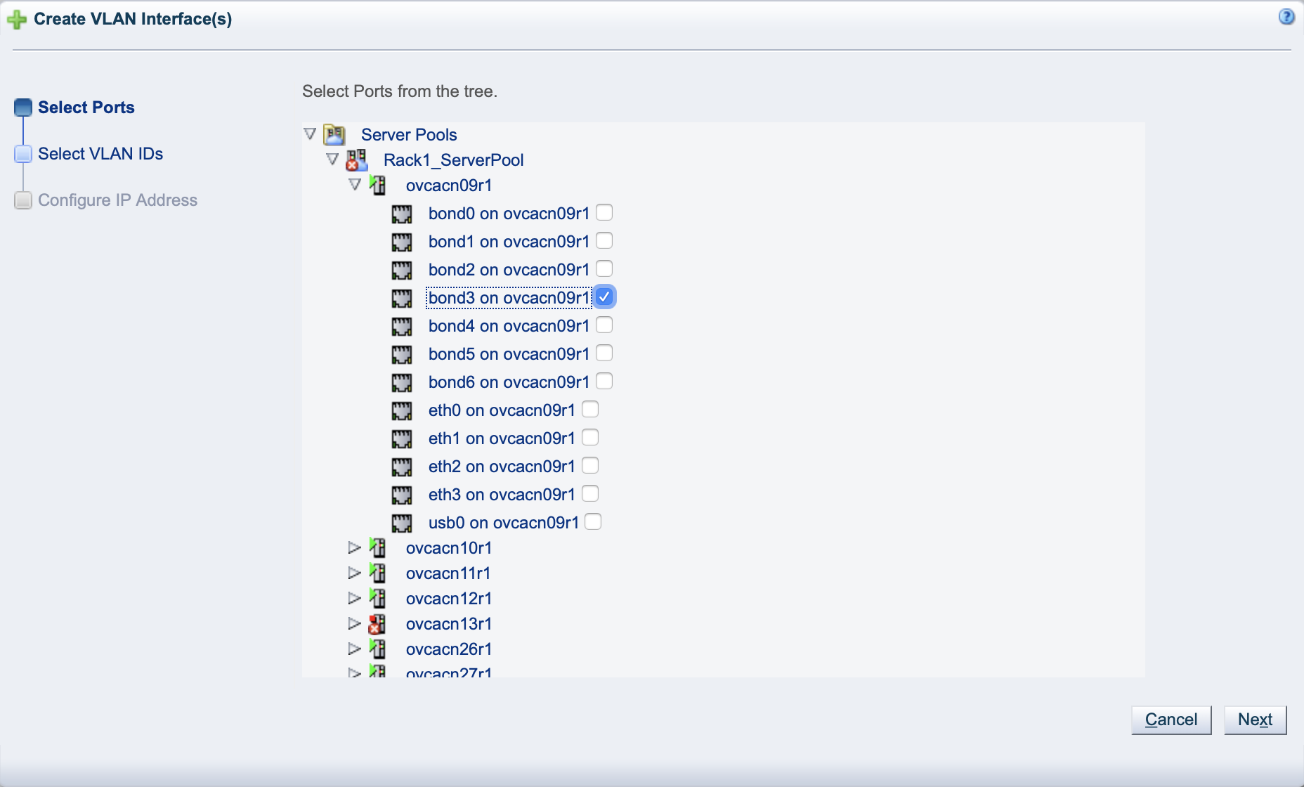 Create VLAN Interfacesウィザードの「ポートの選択」ページを示すスクリーンショット。