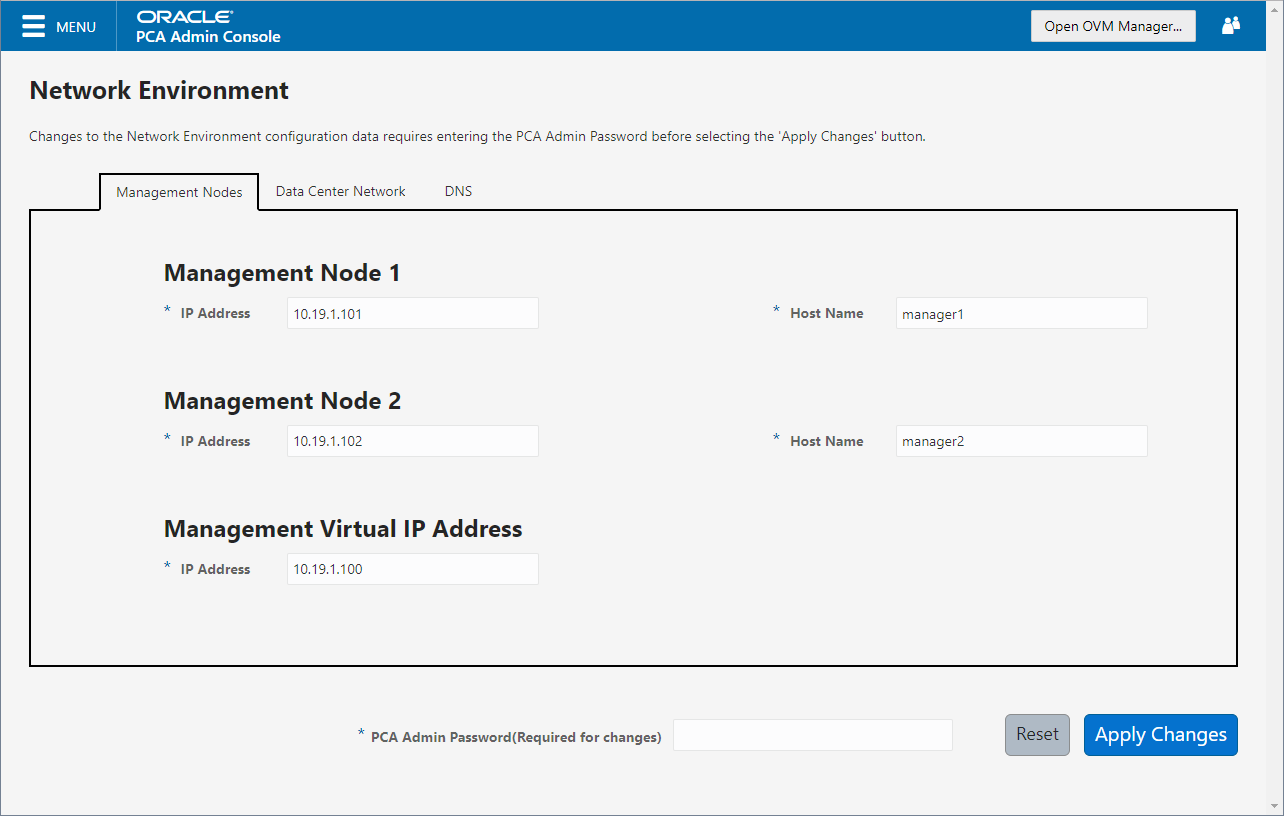 Oracle Private Cloud Applianceダッシュボードのネットワーク環境ウィンドウの「管理ノード」タブを示すスクリーンショット。