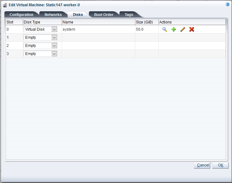 Oracle VM MangerのVMディスクのサイズ変更画面を示すスクリーンショット。