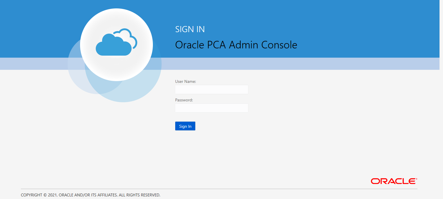 Oracle Private Cloud Applianceダッシュボードのログイン・ページを示すスクリーンショット。