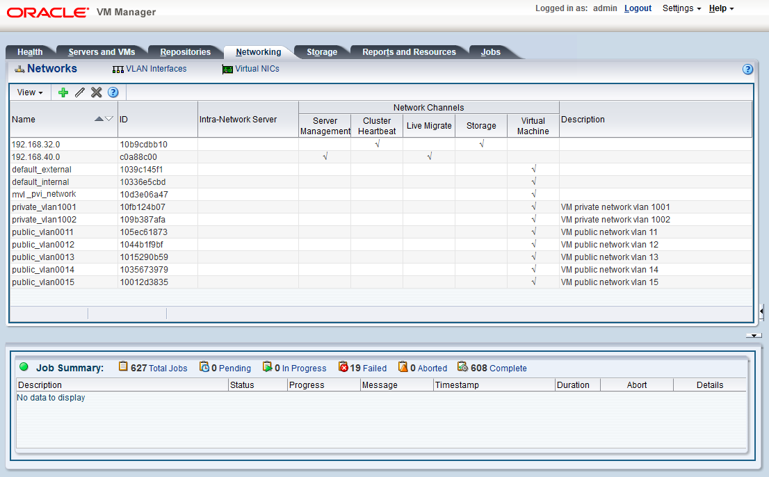 Oracle VM Managerユーザー・インタフェースのネットワーキング・タブを示すスクリーンショット。
