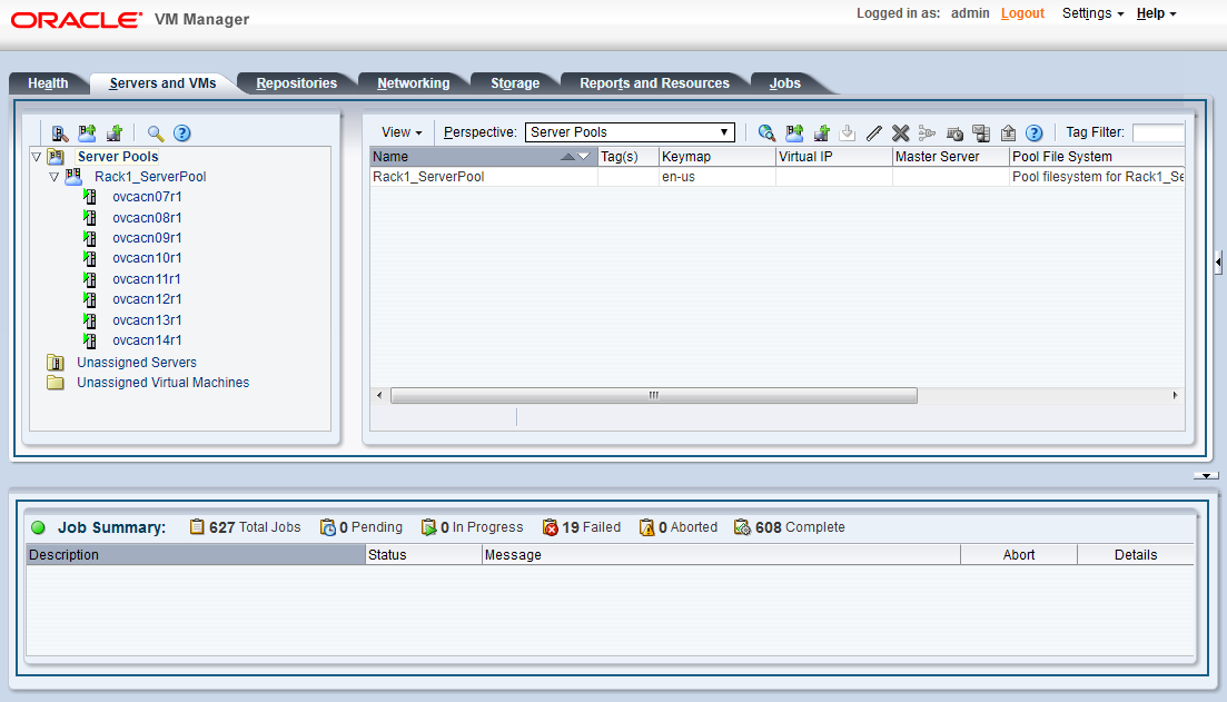 Oracle VM Managerユーザー・インタフェースのサーバーとVMタブを示すスクリーンショット。