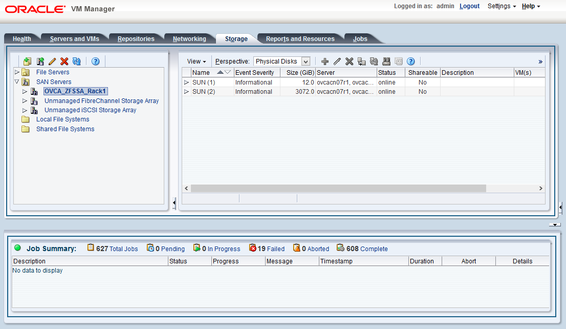 Oracle VM Managerユーザー・インタフェースのストレージ・タブを示すスクリーンショット。