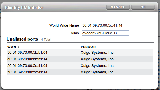 Oracle Storage Appliance ZS3-4 webユーザー・インタフェースの「FCイニシエータの識別」ダイアログを示した図。 該当しないポートのリストからWWNが選択されており、別名が指定されています。 list wwpn-infoコマンドを実行する場合、別名は、CLIで同等のWWPNに対して指定された別名と一致する必要があります。 