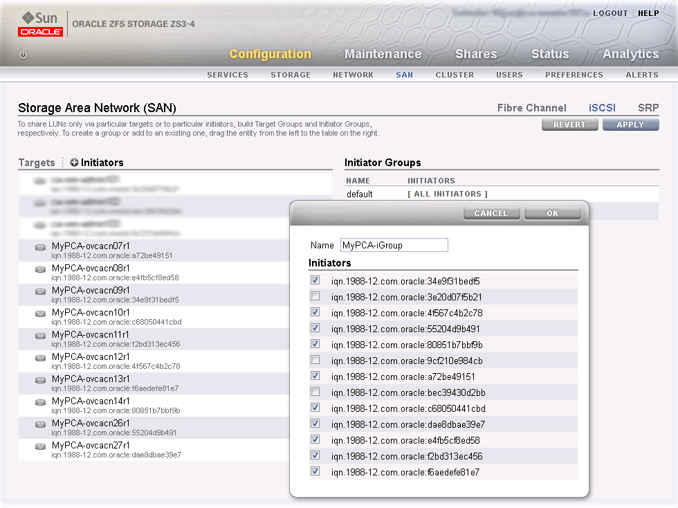 InfiniBandのZFS Storage Appliance iSCSIイニシエータ・グループ構成を示す図。 図は、iSCSIイニシエータ・グループを編集するダイアログを示しています。 イニシエータ・グループを正しく識別するための名前を入力し、必要なすべてのコンピュート・ノードIQNを選択してください。 