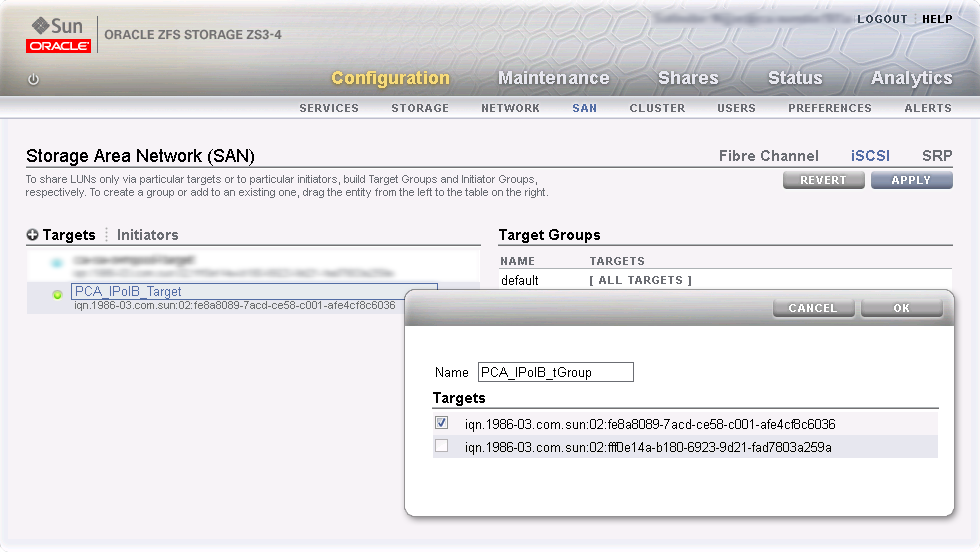 InfiniBandのZFS Storage Appliance iSCSIターゲット・グループ構成を示す図。 図は、iSCSIターゲット・グループを追加するダイアログを示しています。 ターゲット・グループを正しく識別するための名前を入力し、正しいiSCSIターゲットIQNを選択します。 