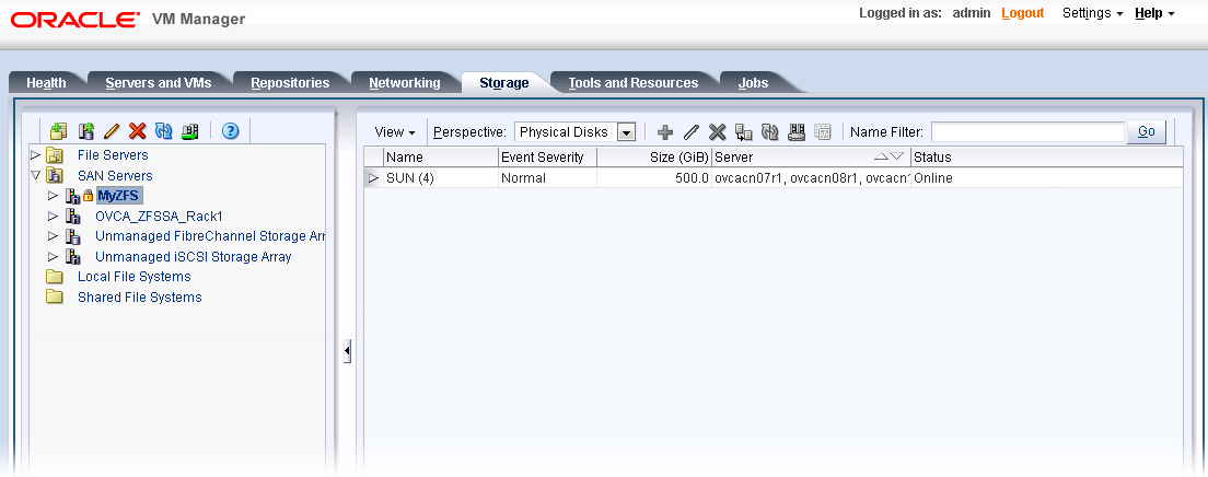 Oracle VM Managerのストレージ・タブを示す図。 ZFSストレージ・アプライアンスで公開されたLUNは、選択したSANサーバーの物理ディスクのパースペクティブに表示されます。 