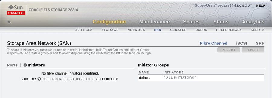 Oracle Storage Appliance ZS3-4 webユーザー・インタフェースの「SANサマリー」ページを示す図。 +イニシエータのリンクは赤い円で囲まれています。 