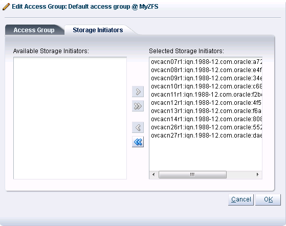 Oracle VM Managerの「アクセス・グループの編集」ダイアログを示す図。 ZFS Storageアプライアンス上に構成されるイニシエータは、アクセス・グループ用の選択したストレージ・イニシエータに追加されます。 