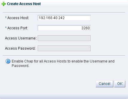 Oracle VM Managerの「アクセス・ホストの作成」ダイアログを示す図。 このダイアログを使用して、ZFS Storage Appliance上のIPMPインタフェースのIPアドレスのアクセス・ホストを追加します。 