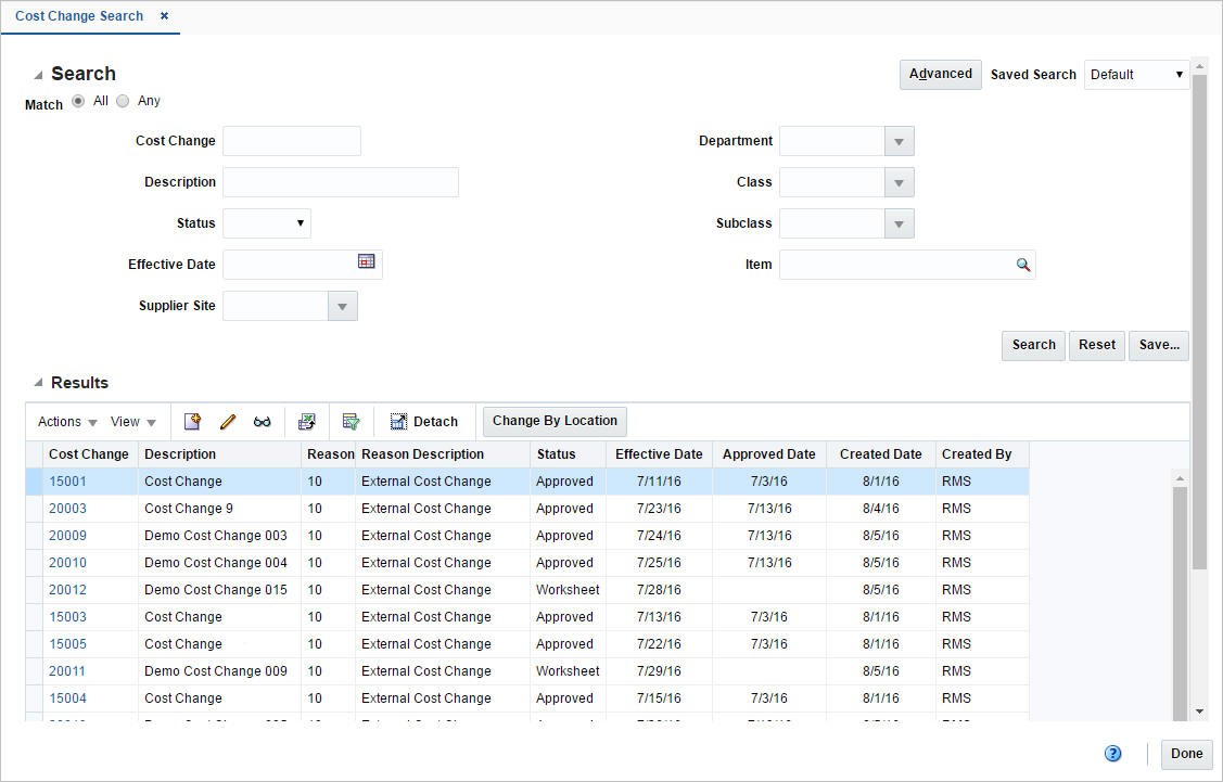 Cost Change Search window