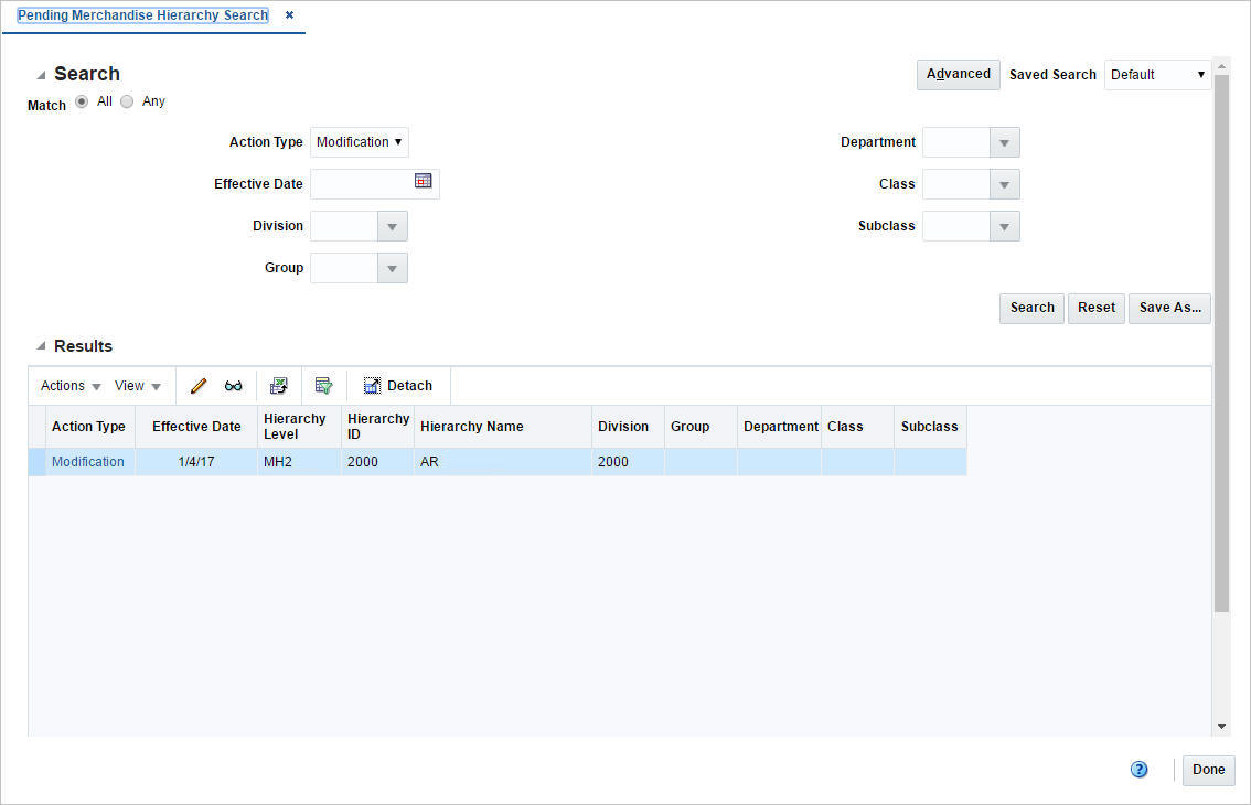 Pending Merchandise Hierarchy window