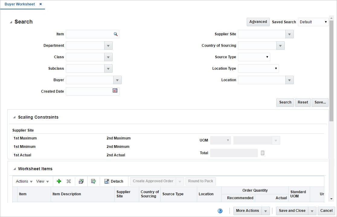 Buyer Worksheet window