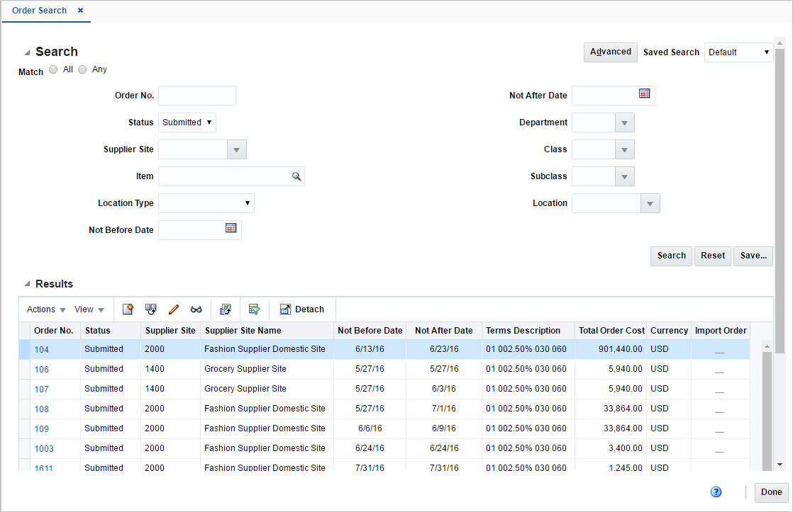 Order Search window