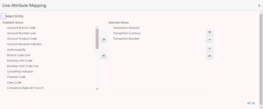 Line Attribute Mapping page window. This illustration shows the list of line attributes that are seeded from the FSI_SLA_ATTR_MASTER table.