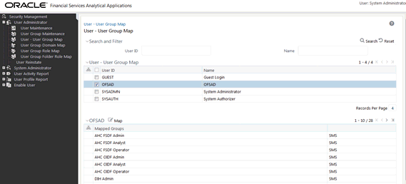 OFS AAI Security Management window page follows. This illustration shows the OFS AAI Security Management window where the mapping of users to user groups can done.