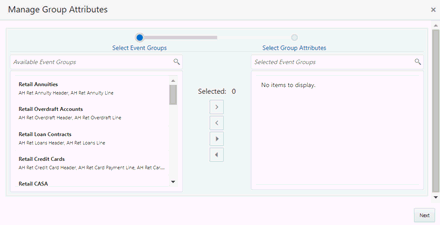 Manage Group Attributes page follows. This illustration displays the Manage Group Attributes window with the Available Event Groups.