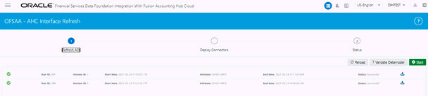 This illustration shows  AHC Interface Refresh page. It shows configuration steps which are specific to FSDF Integration with AHCS and must be performed whenever a new model upload is done and before proceeding to deploy the Connectors.