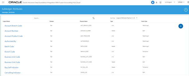 Subledger Attributes page follows This illustration shows the Subledger Attributes with a list of seeded data with Logical and Physical Name.