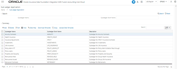 Subledger Application Summary page follows This illustration shows the Subledger Application Summary details. You can search for Subledger Name or Subledger Short Name. A list of pre-packaged Subledgers appears.