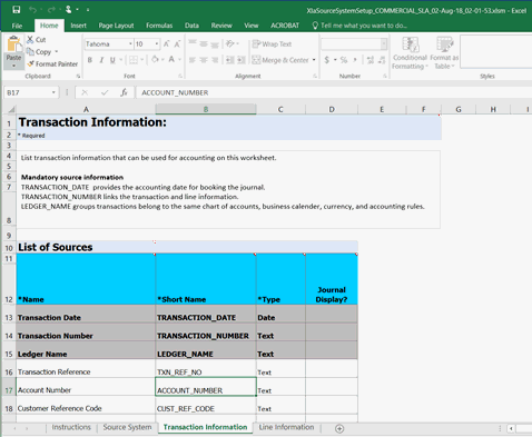 XlaSourceSystemSetup.xlsm – Transaction Information page follows This illustration shows the Transaction Information sheet, those Transaction Type Names and Short Names against which Journal Display is set to Yes is displayed through the AHCS user interface.