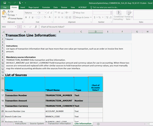 XlaSourceSystemSetup.xlsm – Line Information page follows This illustration shows the Line Information sheet, those Transaction Type Names, and Short Names against which Journal Display is set to Yes are displayed through the AHCS user interface.