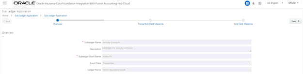 Subledger Application page follows  This illustration shows the Subledger Application window. You can create a Connector and map it to a Subledger Application.
