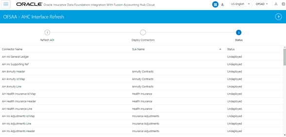 This illustration shows AHC Interface Refresh page showing Status of all the out-of-box Connectors.