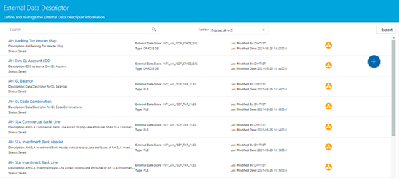 This illustration shows the External Data Descriptor Summary page for the AHCS application. You can check deployed EDDs and Mappings in the External Data Descriptor Summary page.